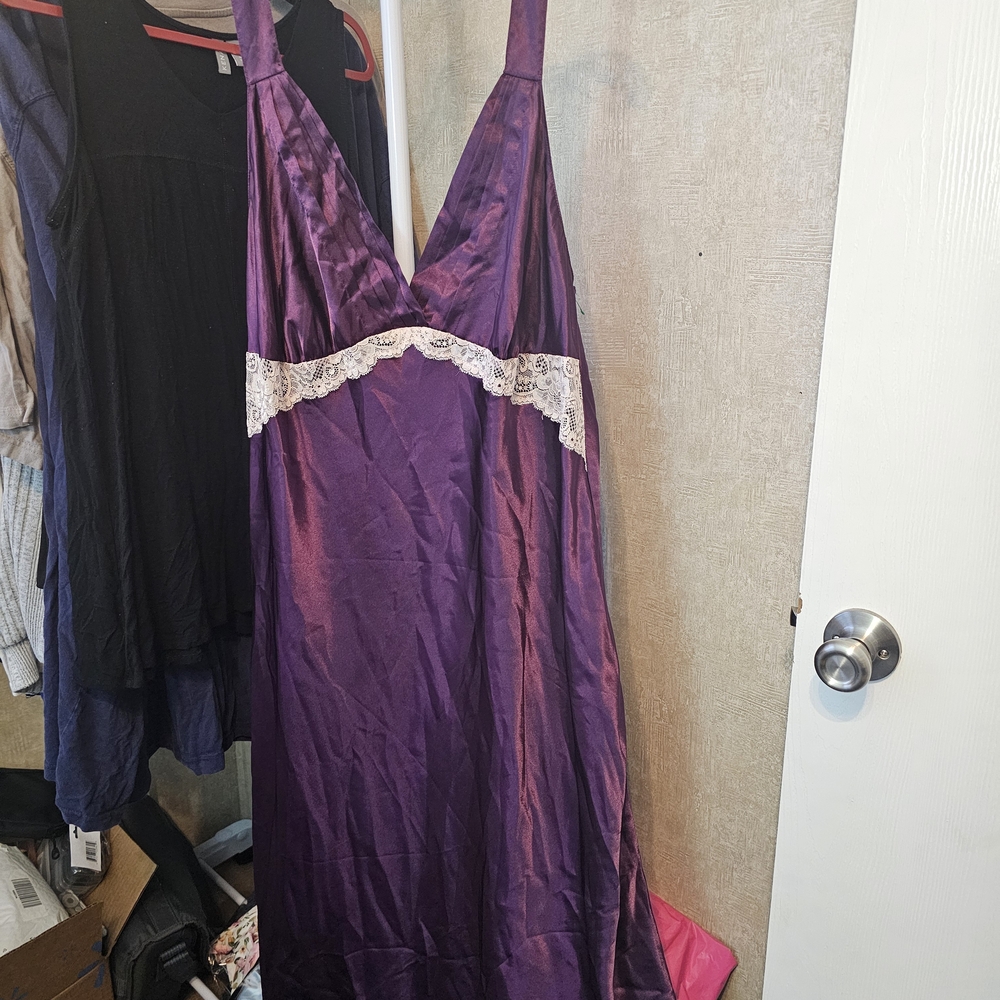 Morgan Taylor Purple Satin Chemise with Cream Lace Trim